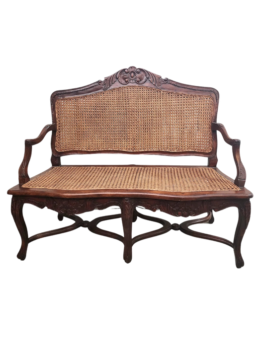 Louis XV Style Walnut and Caned Bench, Early to Mid 1900s-60s