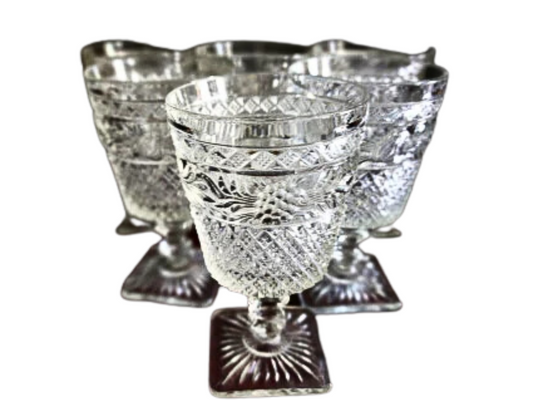 Vintage Goblets Imperial LEAF CLEAR Early 1900s Wine Glasses Stemware Crystal Raised Diamonds Berries Pressed Pattern Imperial Glass