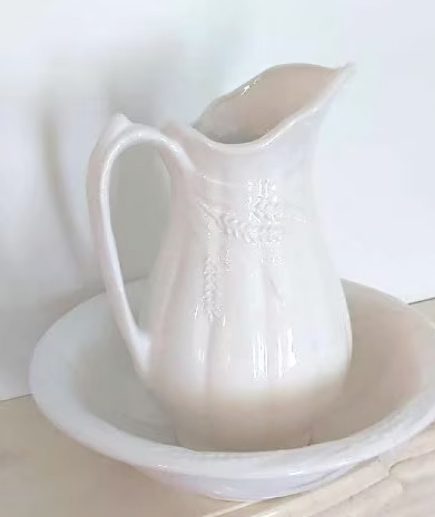Vintage White Ironstone Pitcher and Basin Set - Antique Wash Bowl and Pitcher - Classic Home Decor Collectible | Wheat design pitcher