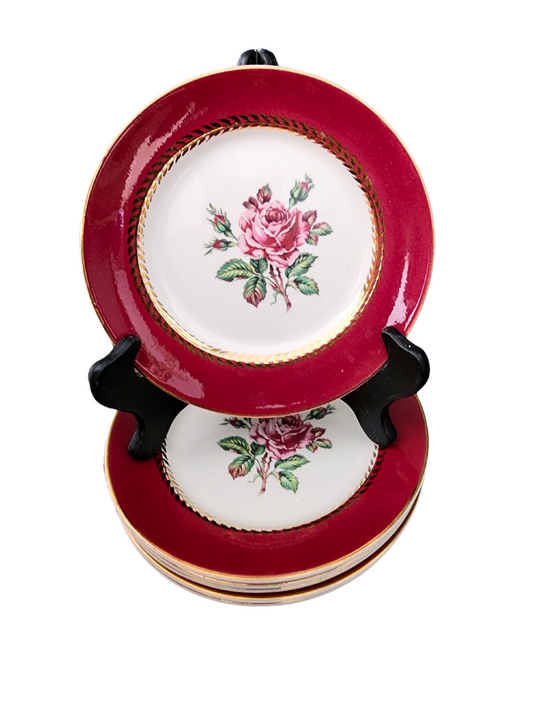 Vintage Lady Marlowe Stetson Salad Plates Pink Rose Burgundy Gold Trim