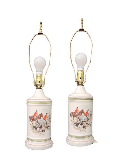 Vintage Pfaltzgraff Fox Hunting Scene Ceramic Lamps  Traditional Classic Decor