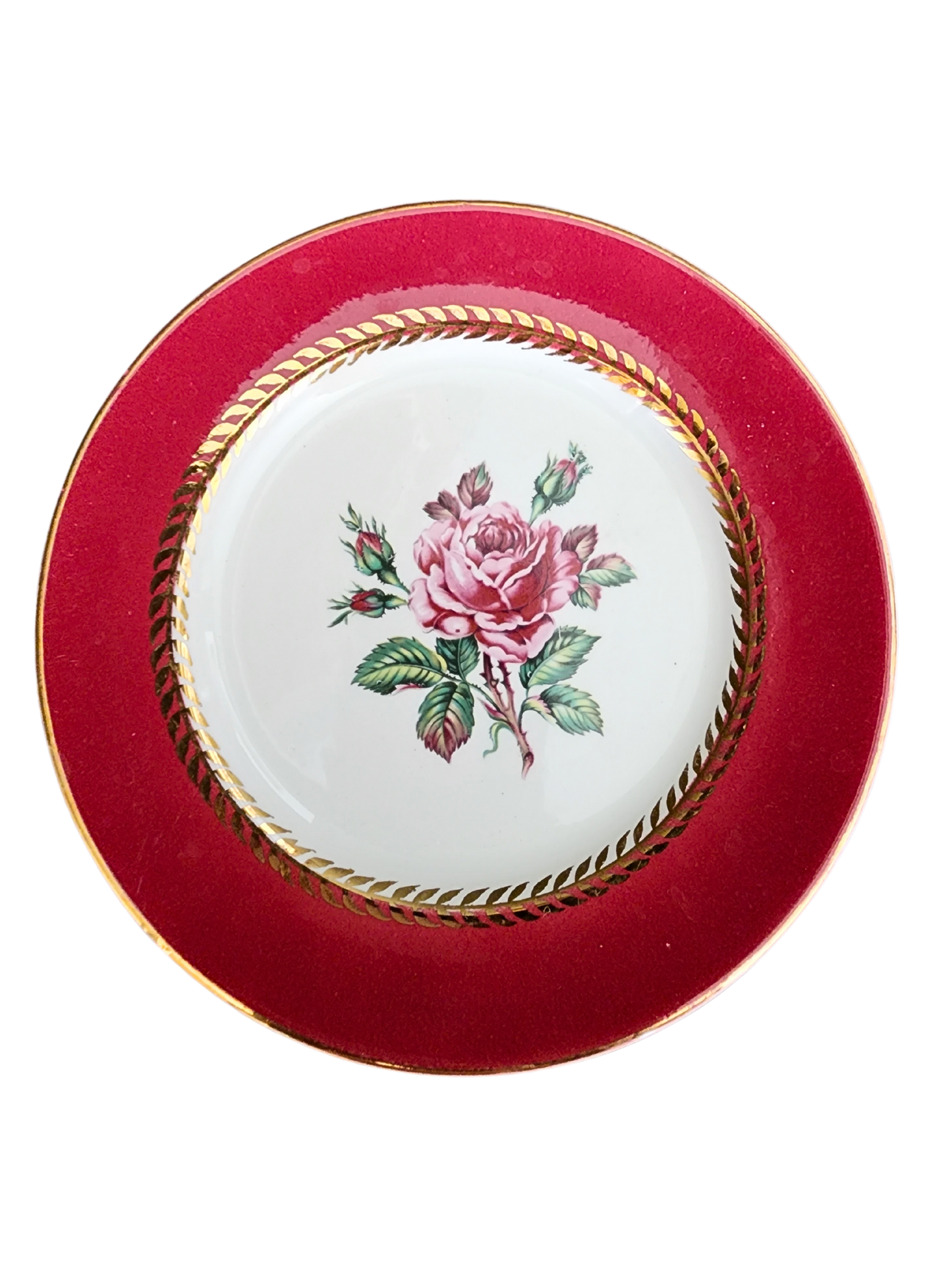 Vintage Lady Marlowe Stetson Salad Plates Pink Rose Burgundy Gold Trim