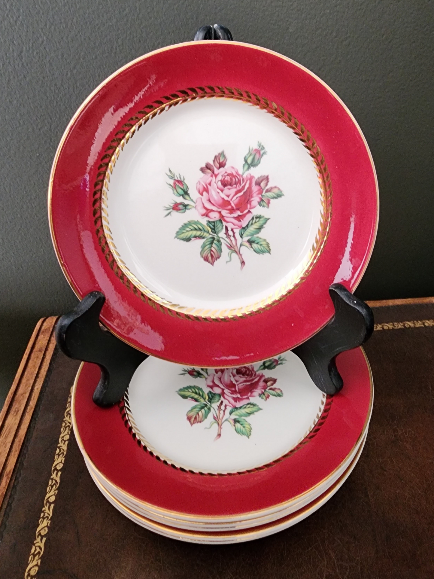 Vintage Lady Marlowe Stetson Salad Plates Pink Rose Burgundy Gold Trim